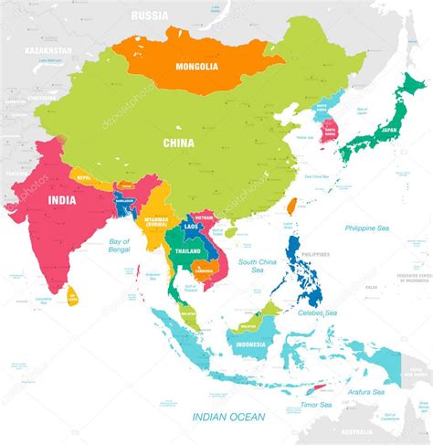 Vector Map East Asia Continent Countries Capitals Main Cities Seas