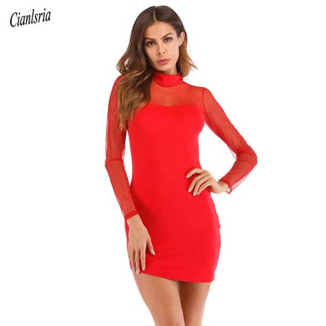 sexy club dress 2018 turtleneck patchwork see through sheath dress long sleeve slim bodycon mini