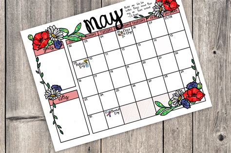 May 2021 Bullet Journal Calendar Floral Printable Calendar Etsy