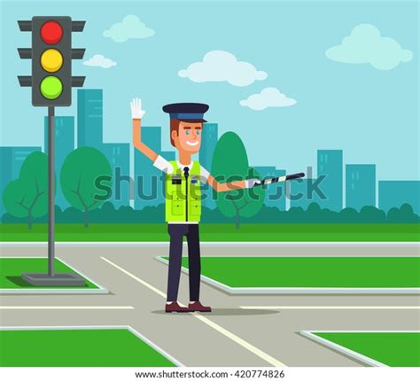 Traffic Policeman Vector Flat Cartoon Illustration Stock Vector