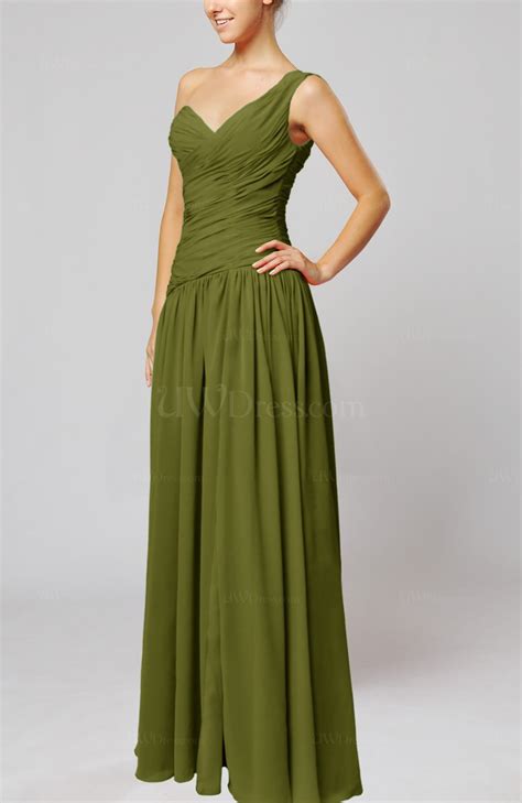 Olive Green Plain Column One Shoulder Sleeveless Chiffon Ruching