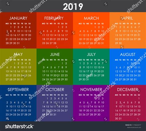 Colorful Square Calendar 2019 Year Week Stock Vector Royalty Free