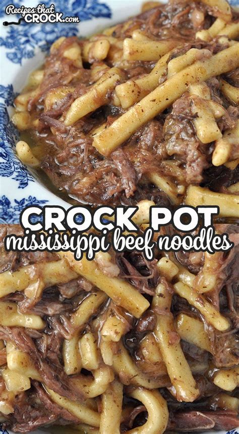 Crock Pot Mississippi Beef Noodles On A Blue And White Plate