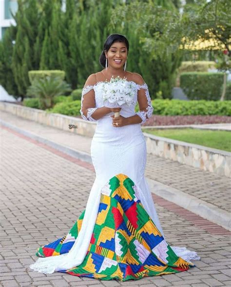 Clipkulture Beautiful Ghanaian Bride In White And Kente Train Wedding Gown African Wedding