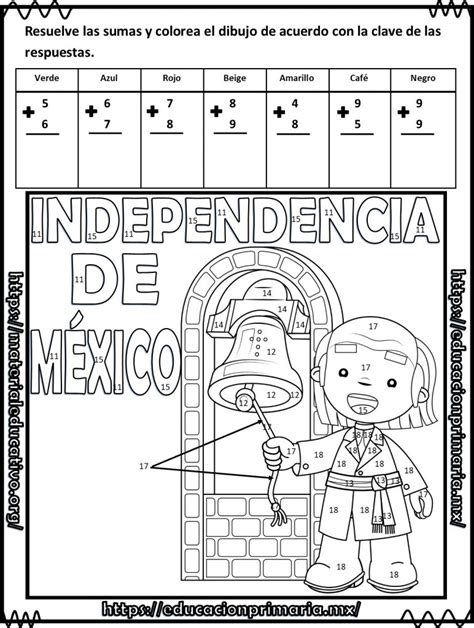 Suma resta y colorea el dibujo de la independencia de México para primer grado de primaria