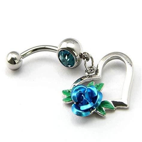 1pc Silver Tone Surgical Steel Blue Rose Heart Dangling Navel Ring Jw731navel Ringdangle Navel