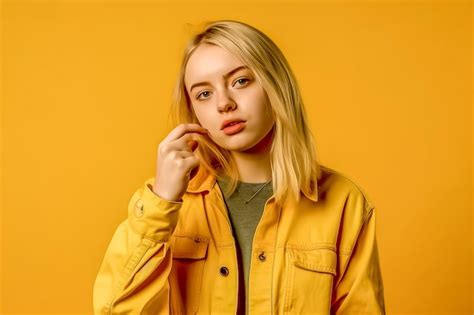 Premium Ai Image Young Girl In Yellow Jacket On Yellow Background