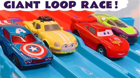 hot wheels giant loop race with cars lightning mcqueen superhero cars a summer party games
