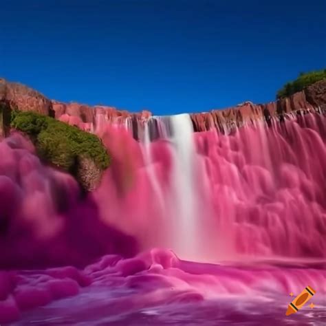 Pink Waterfall Above It Is A Big Rainbow