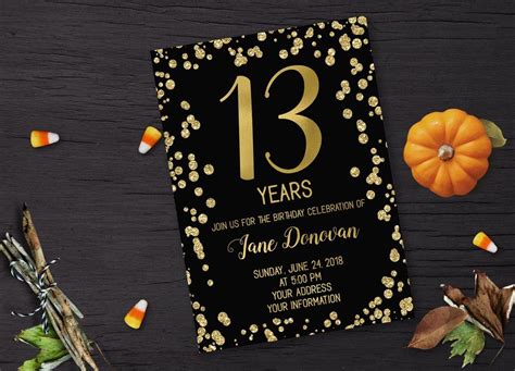 Gold 13 Year Old Birthday Invitation Gold Confetti 13 Etsy Birthday Invitations 13th