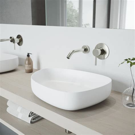 Vigo Peony Matte Stone Vessel Sink In White With Olus Wall Mount Faucet