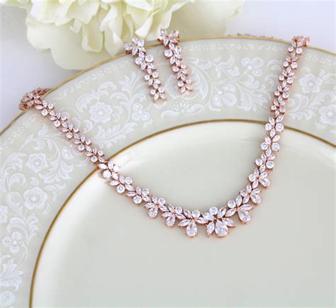 Rose Gold Bridal Jewelry SET Bridal Necklace And Earring Set Etsy