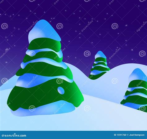 A Snowy Christmas Scene With Christmas Trees And Stars Stock