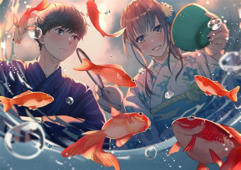 Wallpaper Anime Girls Fish Yukata Anime Boys Goldfish 4093x2894