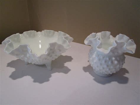 2 Vintage Fenton Milk Glass Hobnail Ruffled Vase And Ruffled Footed Bowl 2 Pcs Antique Price