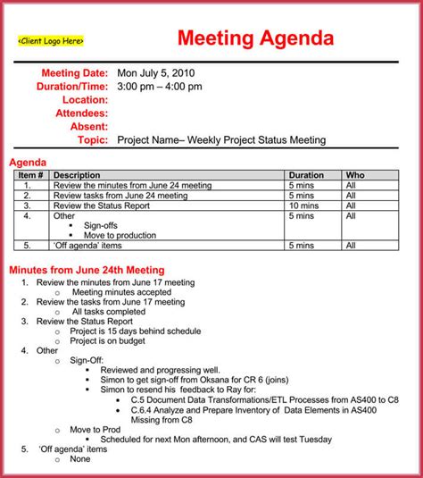 You can download it either in pdf form or word document. Weekly Meeting Agenda Template - 9+ Samples, Formats in ...