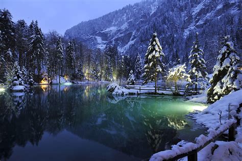 Download Wallpaper Forest Snow Winter Lake Reflection Night Switzerland