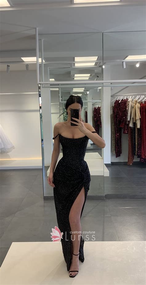 dazzling sexy off shoulder slit black sequin prom dress lunss