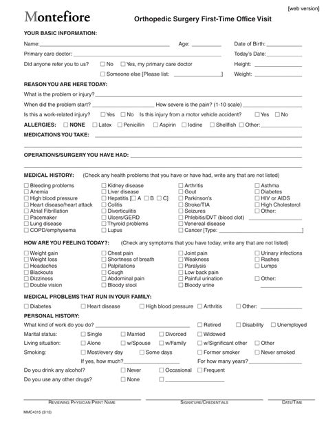 Orthopedic Surgery First Time Office Visit Form Montefiore Fill Out
