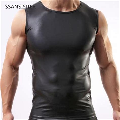Sexy Men S Vest Black Faux Leather Short Sleeve PU Undershirt Tank Top