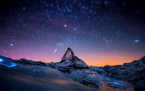 Snow Mountain Night Sky Stars Apple Imac Retina 4k Wallpaper