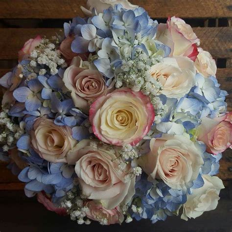 Baby Blue Hydrangea And Pink Rose Bouquet Pink Rose Bouquet White