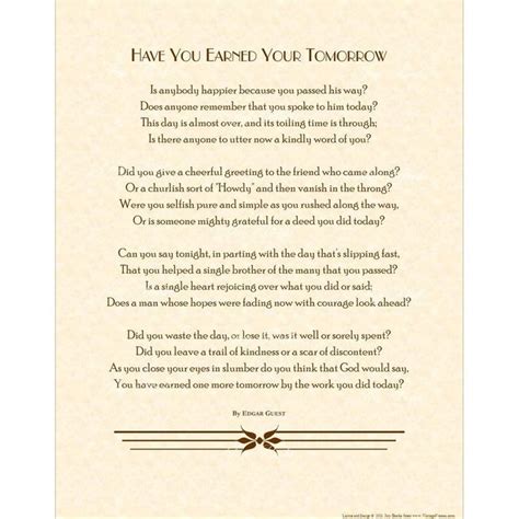 Have You Earned Your Tomorrow Poem By Edgar Guest Home And Etsy In 2021