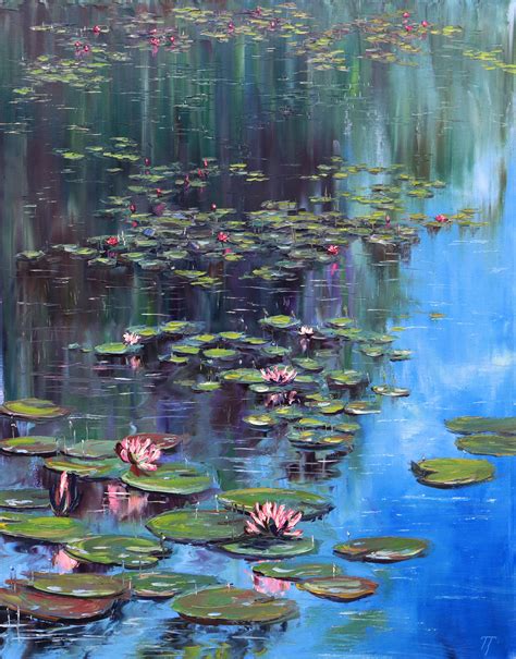 Water Lilies In The Pond Oil On Canvas Palette Knife 22x28 Inch
