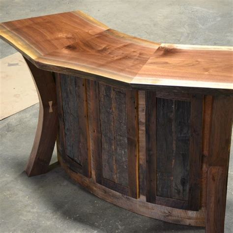 Hand Crafted Live Edge Walnut And Reclaimed Curved Bar Reception Desk