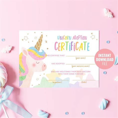 Printable Unicorn Adoption Certificate Instant Download Magical