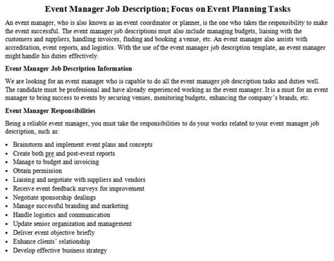 Event Manager Job Description Focus On Event Planning Tasks Room