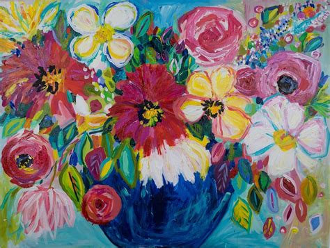Large Bold Floral Still Life Abstract Flower Painting Bright Colorful