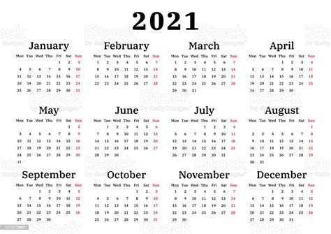 Ilustración De Calendario 2021 La Semana Comienza El Lunes Plantilla De