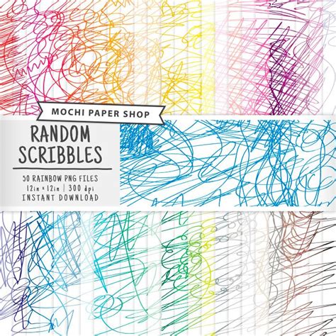 Scribble Printables Digital Paper 50 Rainbow Colors Doodle Art