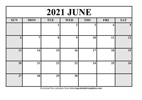 Free June 2021 Calendar Printable Blank Templates