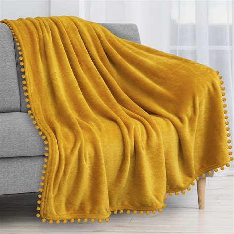 Pavilia Pom Pom Blanket Throw Twin Mustard Yellow Gold Soft Fleece