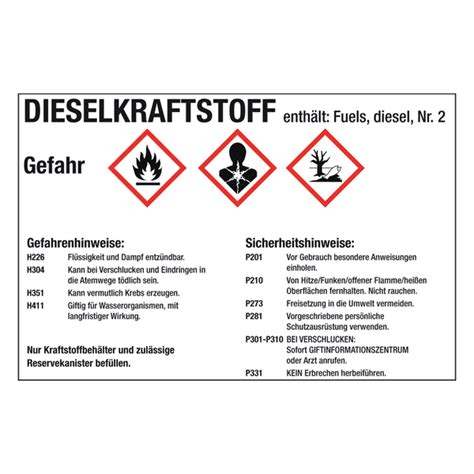 Ghs Kraftstoffetikett Dieselkraftstoff Mit Stoffangabe 105 X 74 Mm Für