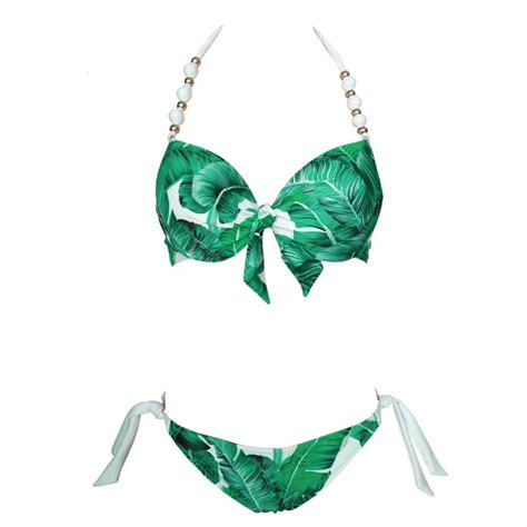 Green Leaf Print Bikini Set Swimsuit Halter Plavky Monokini Biquini Sexy Swimwear Push Up Floral