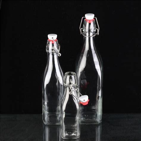 Empty Square Shape Fancy 1000 Ml Glass Fruit Tall Beverage Glass Juice Bottle With Swing Top