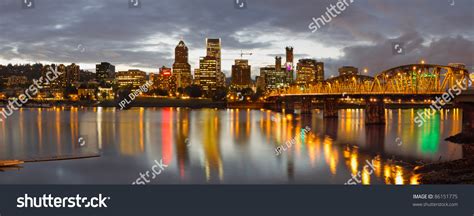 Portland Oregon Waterfront Downtown Skyline At Sunset Panorama Stock