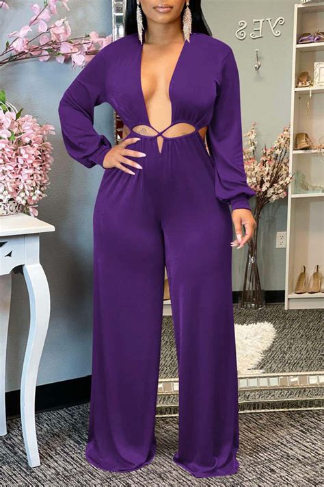 Purple Sexy Solid Hollowed Out Patchwork Asymmetrical Collar Straight Jumpsuitsjumpsuits
