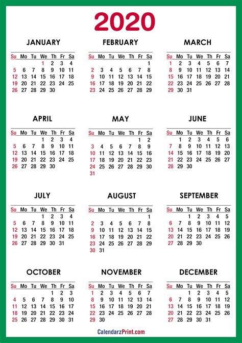 Free Printable 2020 Calendar Hd Green Ss Calendarzprint Free