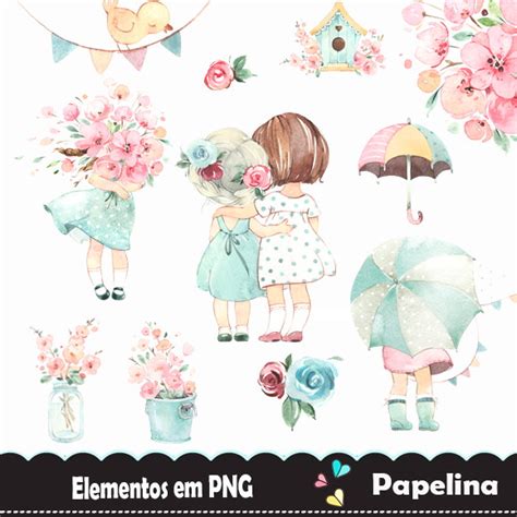 Kit Digital Menina Primavera Watercolor No Elo7 Papelina 13ba54f