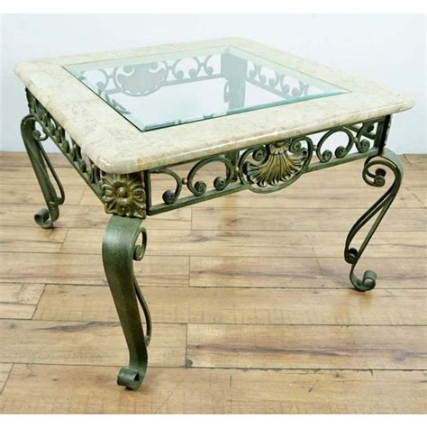 For instance the frame and legs might be wrought iron, but the tops are wooden, glass or there are many styles of, for example, glass coffee tables available and they look great with wrought iron frames. Shabby Chic Marble Wrought Iron and Glass Top Coffee Table ...