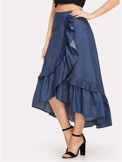 asymmetrical ruffle trim denim skirt shein sheinside moda con