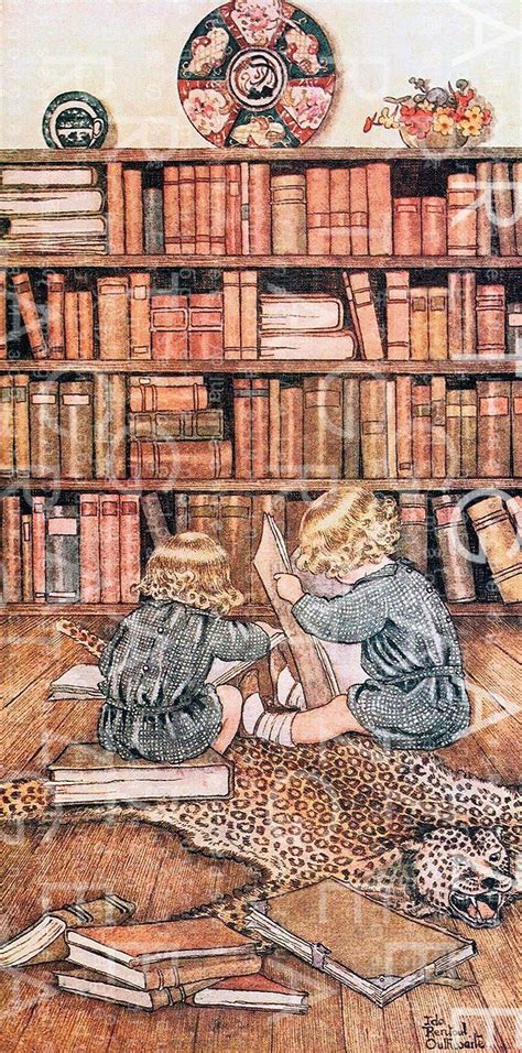 Bookworms Children Reading Among Books Vintage Illustration Ida