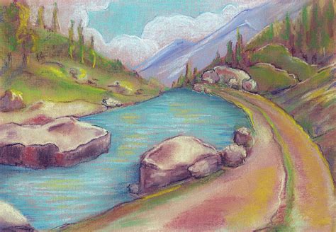 Landscape With Lake And Mountains Drawing Pastel By Elena Sysoeva