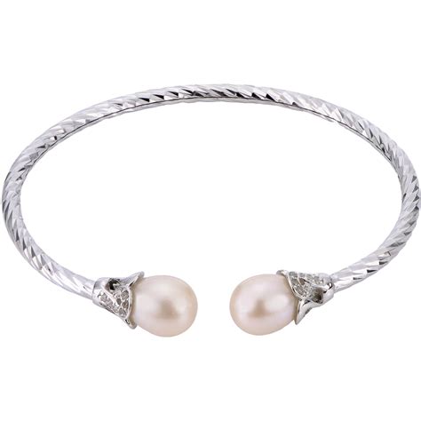 Sterling Silver Freshwater Cultured Pearl And Cubic Zirconia Flexible Cuff Bracelet Gemstone