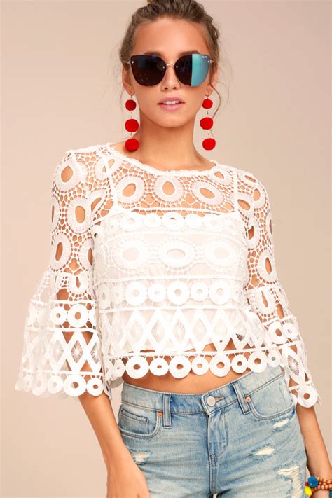Lovely White Lace Top Crochet Lace Crop Top Long Sleeve Crop Top