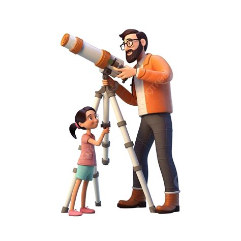 3d Render Padre E Hija Utilizar Telescopio Juntos Ilustración Png 3d